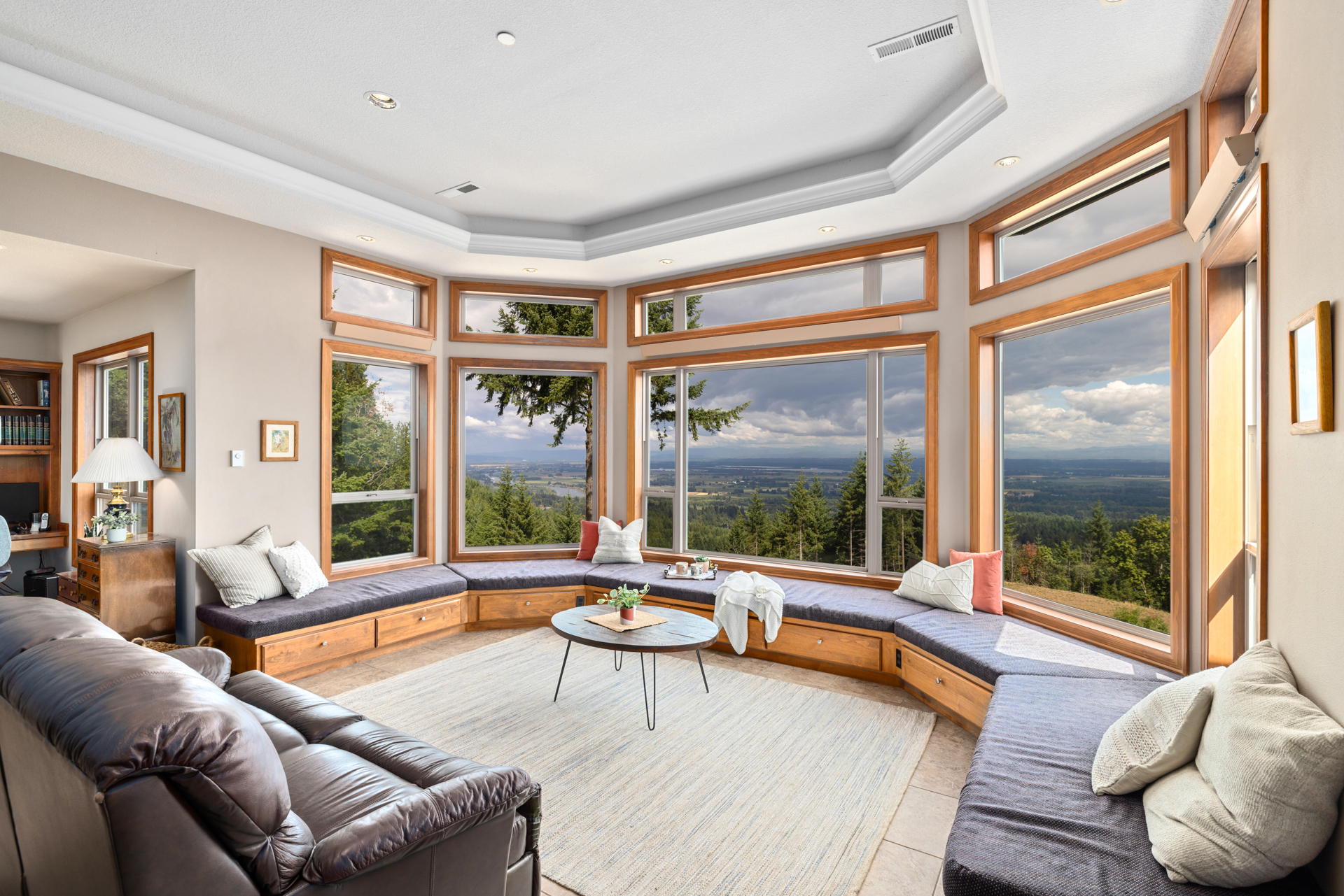 Bright Portland living room with a wall of windows