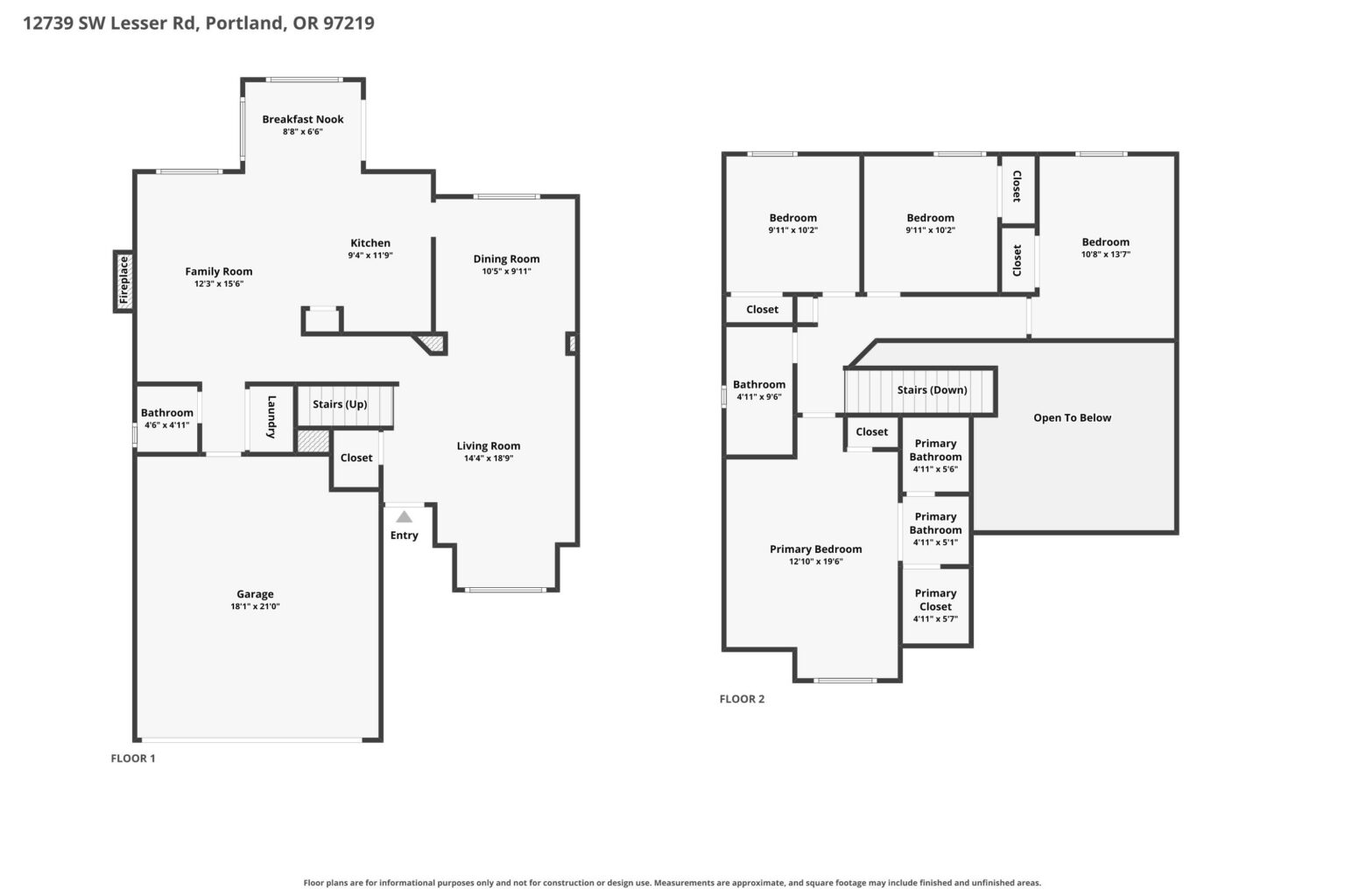 Floor plan of 12739 SW Lesser Rd: living, dining, kitchen, family room and garage on the main floor, four bedrooms upstairs