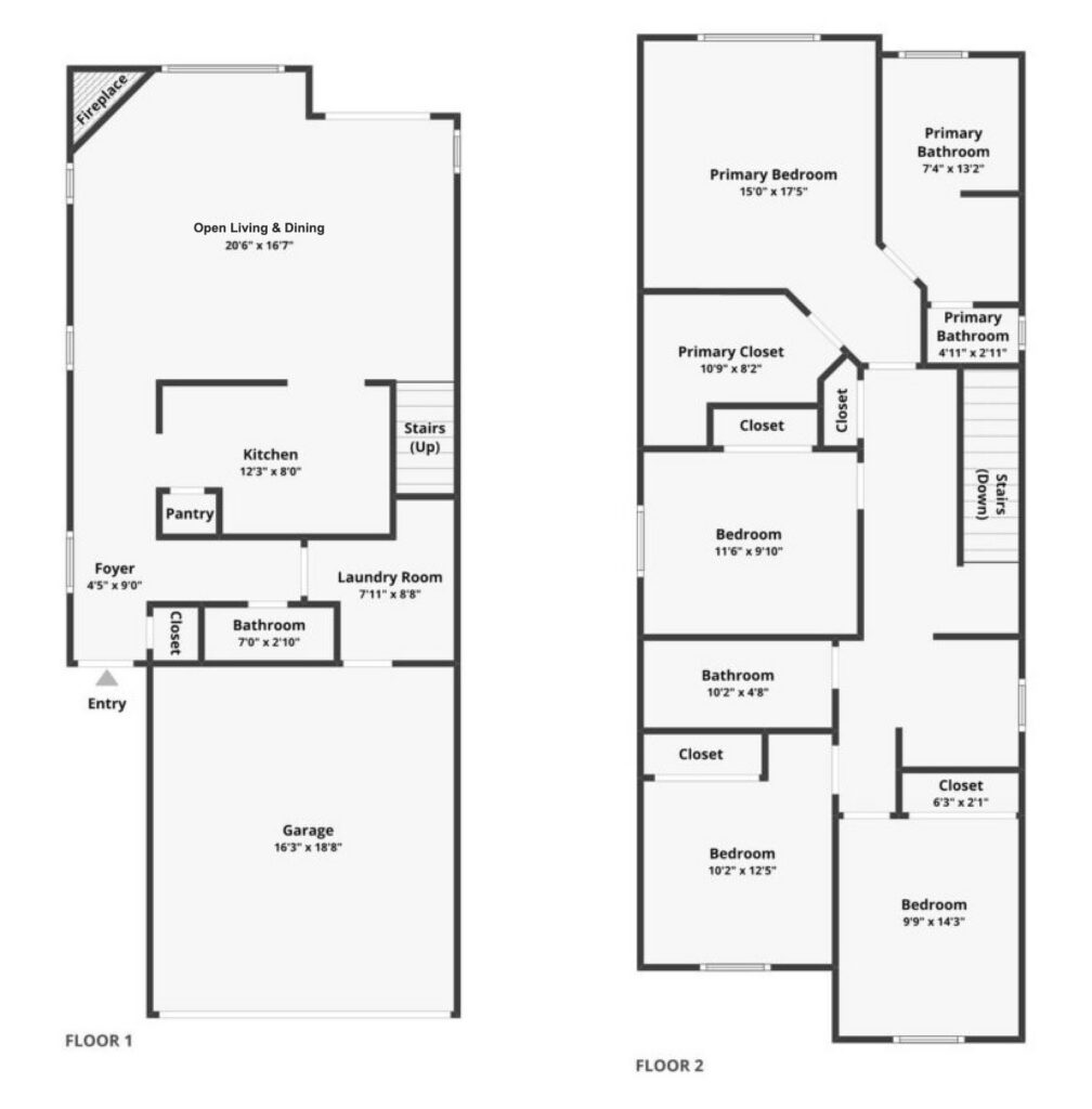 Floor plan of 20881 SW Edgemont St: main floor with open living and dining, kitchen, pantry, laundry, half bath and garage; upstairs primary suite and three bedrooms