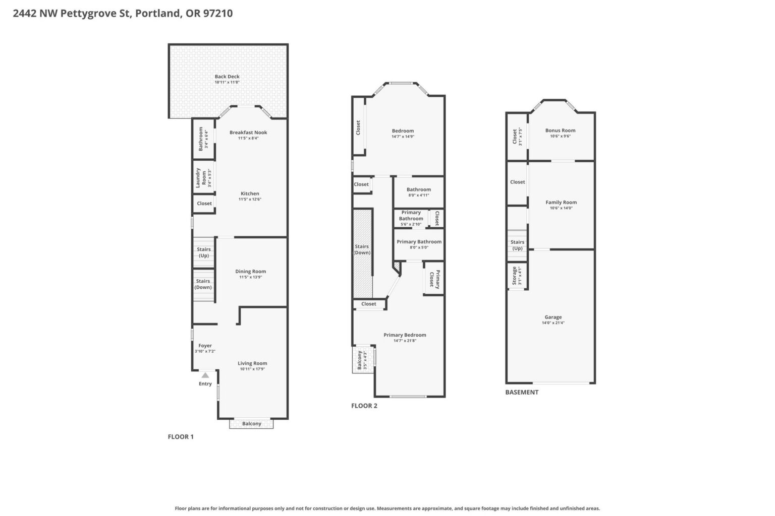 Floor plan of 2442 NW Pettygrove St showing all three levels